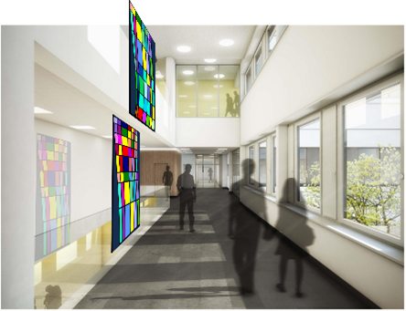 Entwurf für die Gestaltung des Verbindungsganges, Spital Linth, Uznach - Glaselement 2,5x8.0 m, 2017